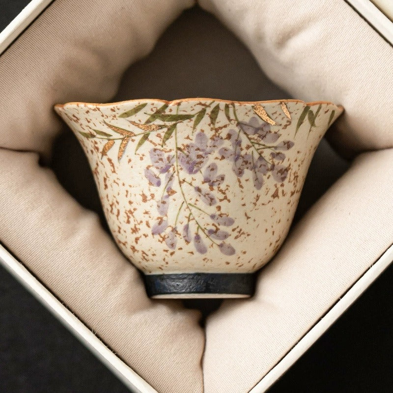 Hand-Painted Wisteria Bell-Shaped Tea Cup, Blue & White Flint Red Glaze
