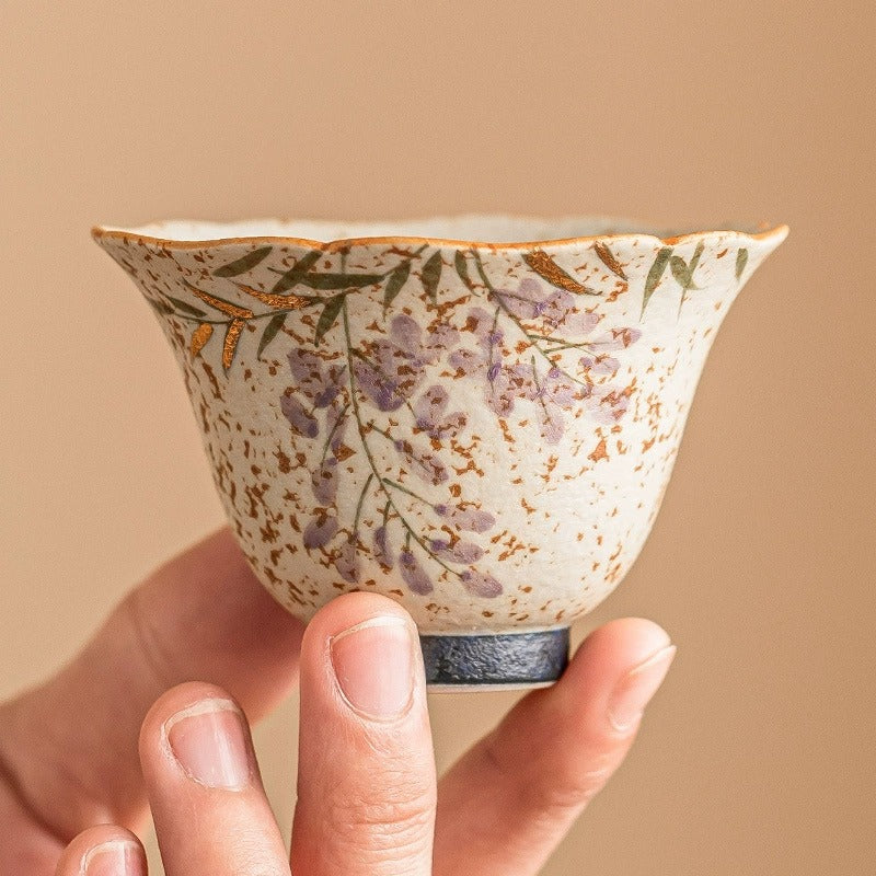 Hand-Painted Wisteria Bell-Shaped Tea Cup, Blue & White Flint Red Glaze