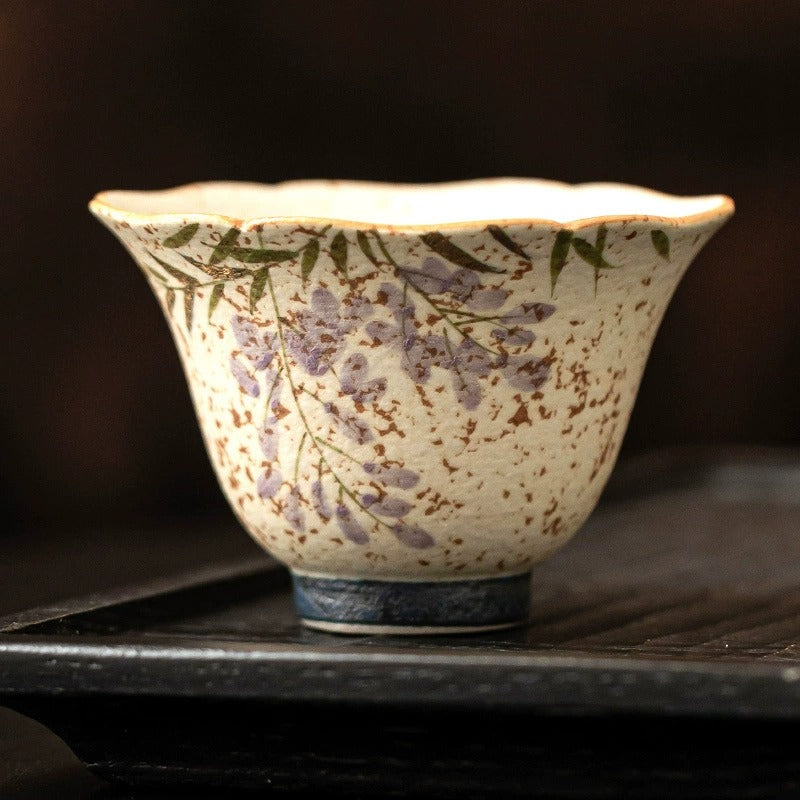 Hand-Painted Wisteria Bell-Shaped Tea Cup, Blue & White Flint Red Glaze