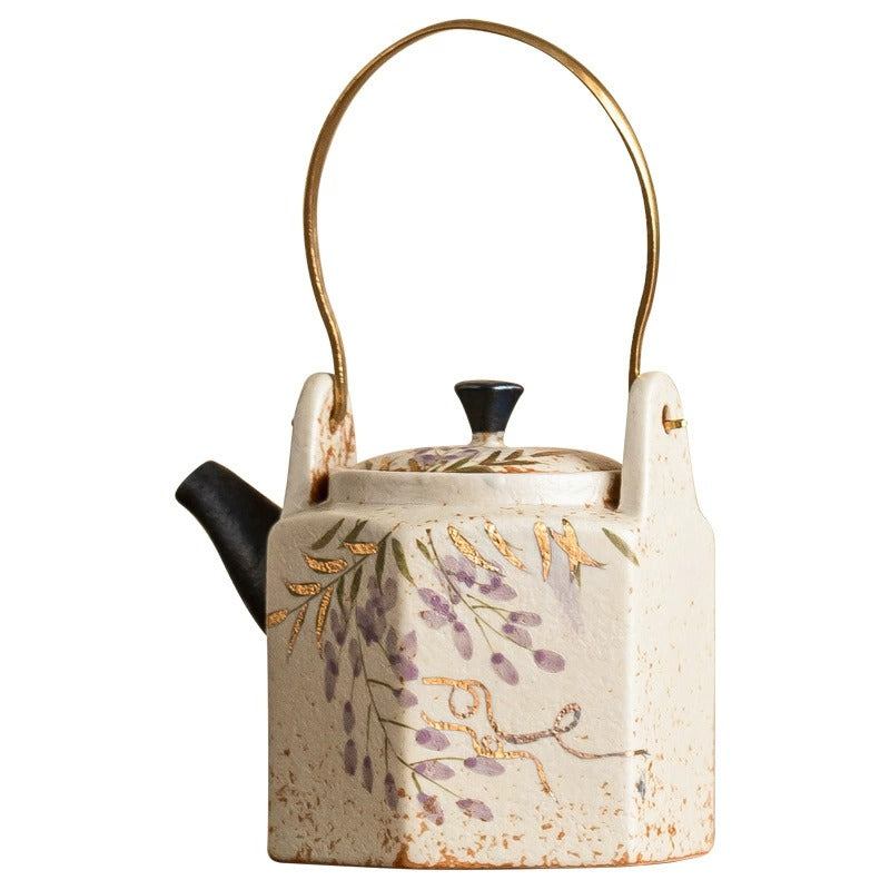 Hand-Painted Wisteria Hexagonal Teapot, Blue &amp; White Flint Red Glaze