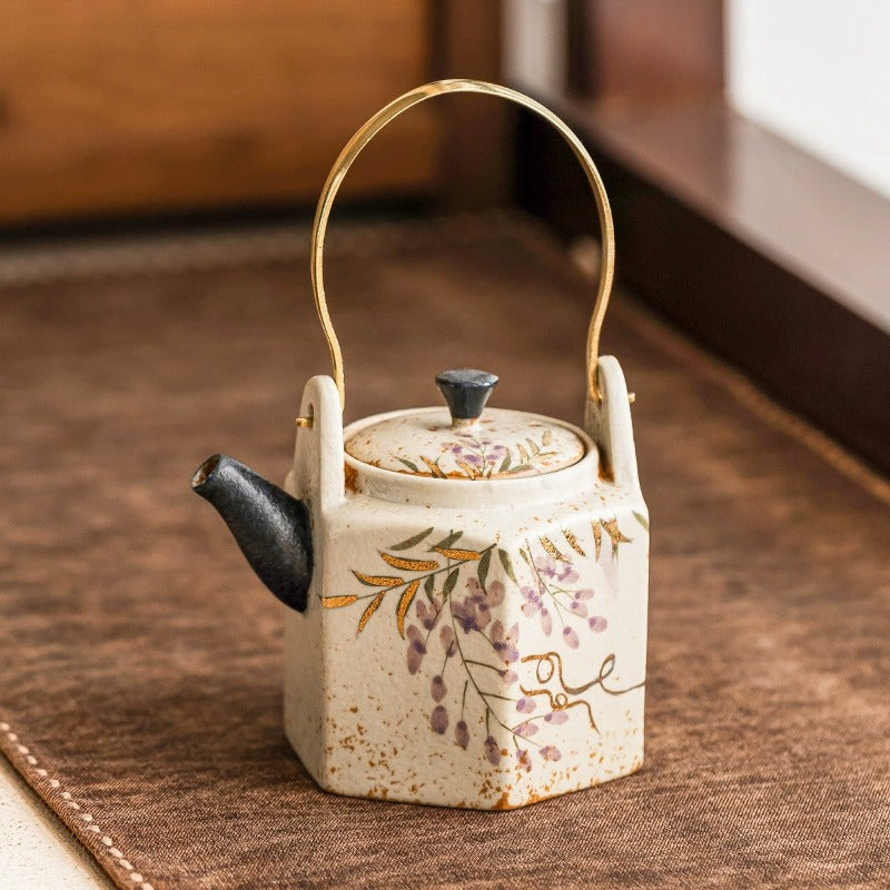 Hand-Painted Wisteria Hexagonal Teapot, Blue &amp; White Flint Red Glaze