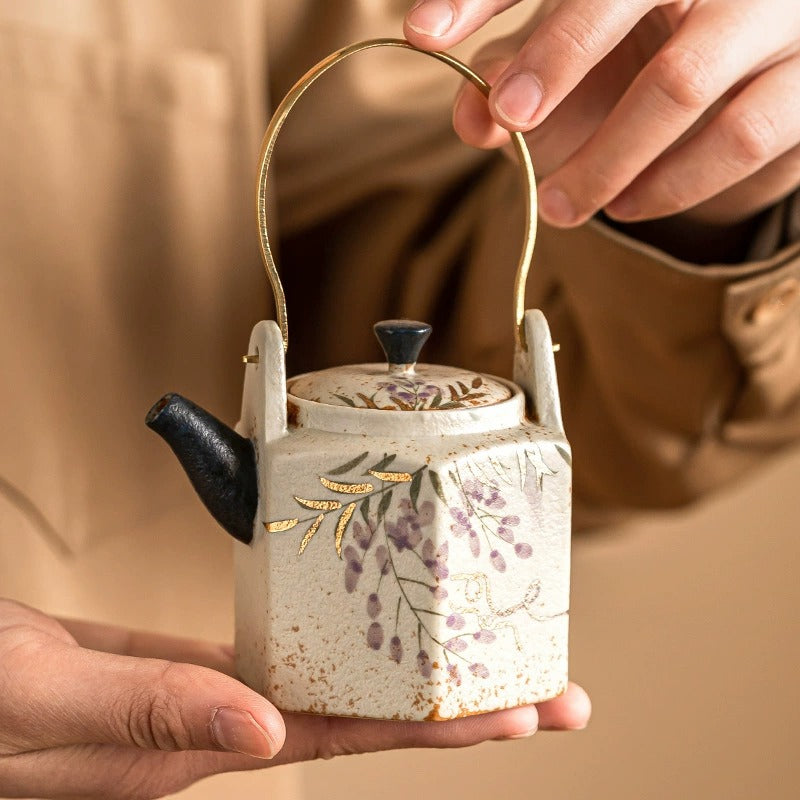 Hand-Painted Wisteria Hexagonal Teapot, Blue &amp; White Flint Red Glaze