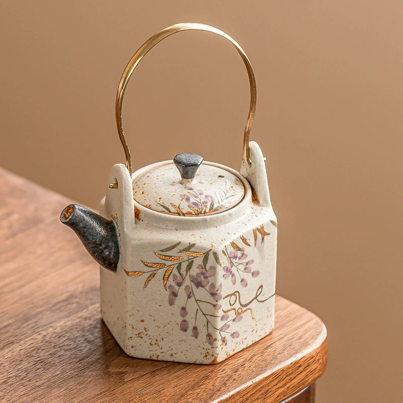 Hand-Painted Wisteria Hexagonal Teapot, Blue &amp; White Flint Red Glaze