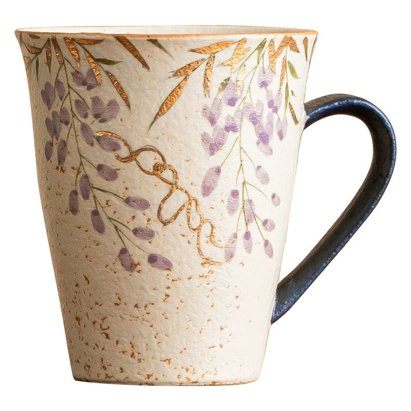 Hand-Painted Wisteria Ceramic Mug, Blue &amp; White Flint Red Glaze