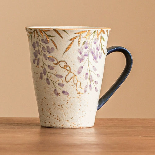 Hand-Painted Wisteria Ceramic Mug, Blue &amp; White Flint Red Glaze