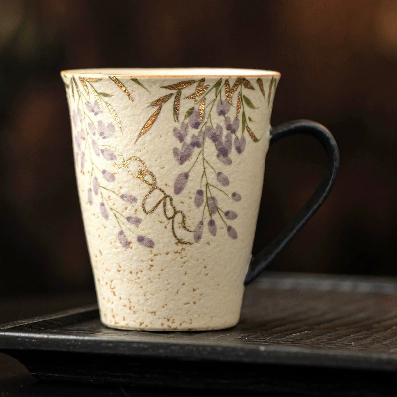 Hand-Painted Wisteria Ceramic Mug, Blue &amp; White Flint Red Glaze