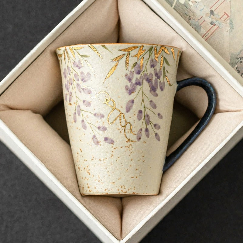 Hand-Painted Wisteria Ceramic Mug, Blue &amp; White Flint Red Glaze
